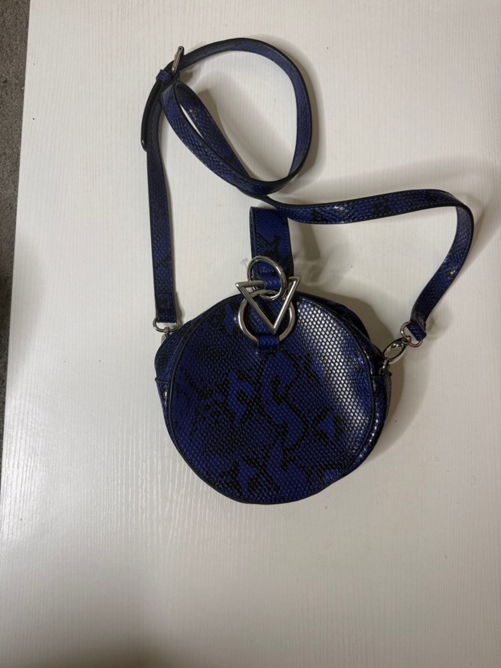 JustFab Blue Snake-Print Round Crossbody Bag